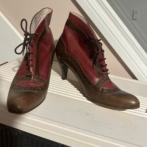 John Fluevog Burgundy and Brown Lace-Up Heels